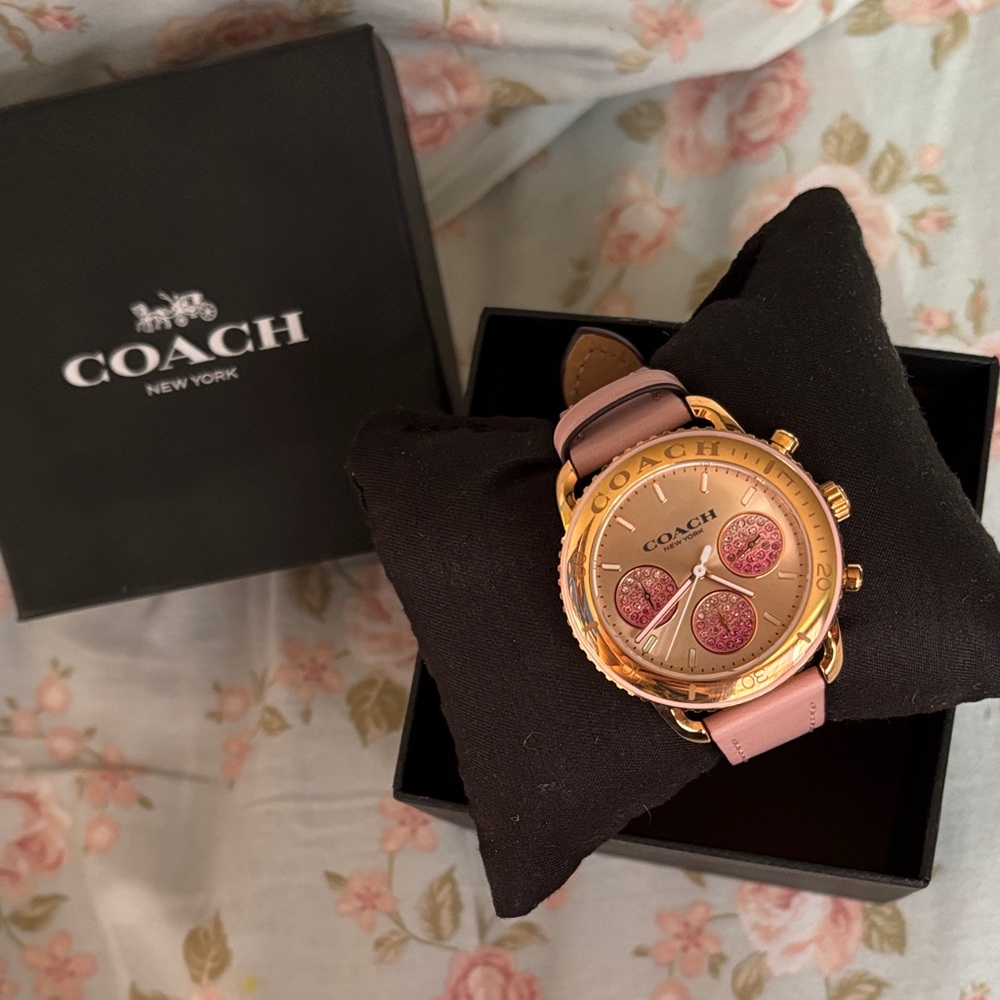 Coach Pink Leather Chronograph Watch with Gold-Tone Case